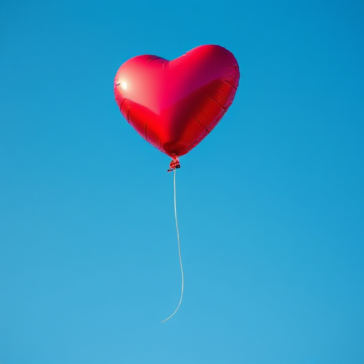 A heart-shaped balloon flying in a blue sky