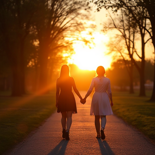 A couple walking in a park, holding hands, with a sunset in the background.