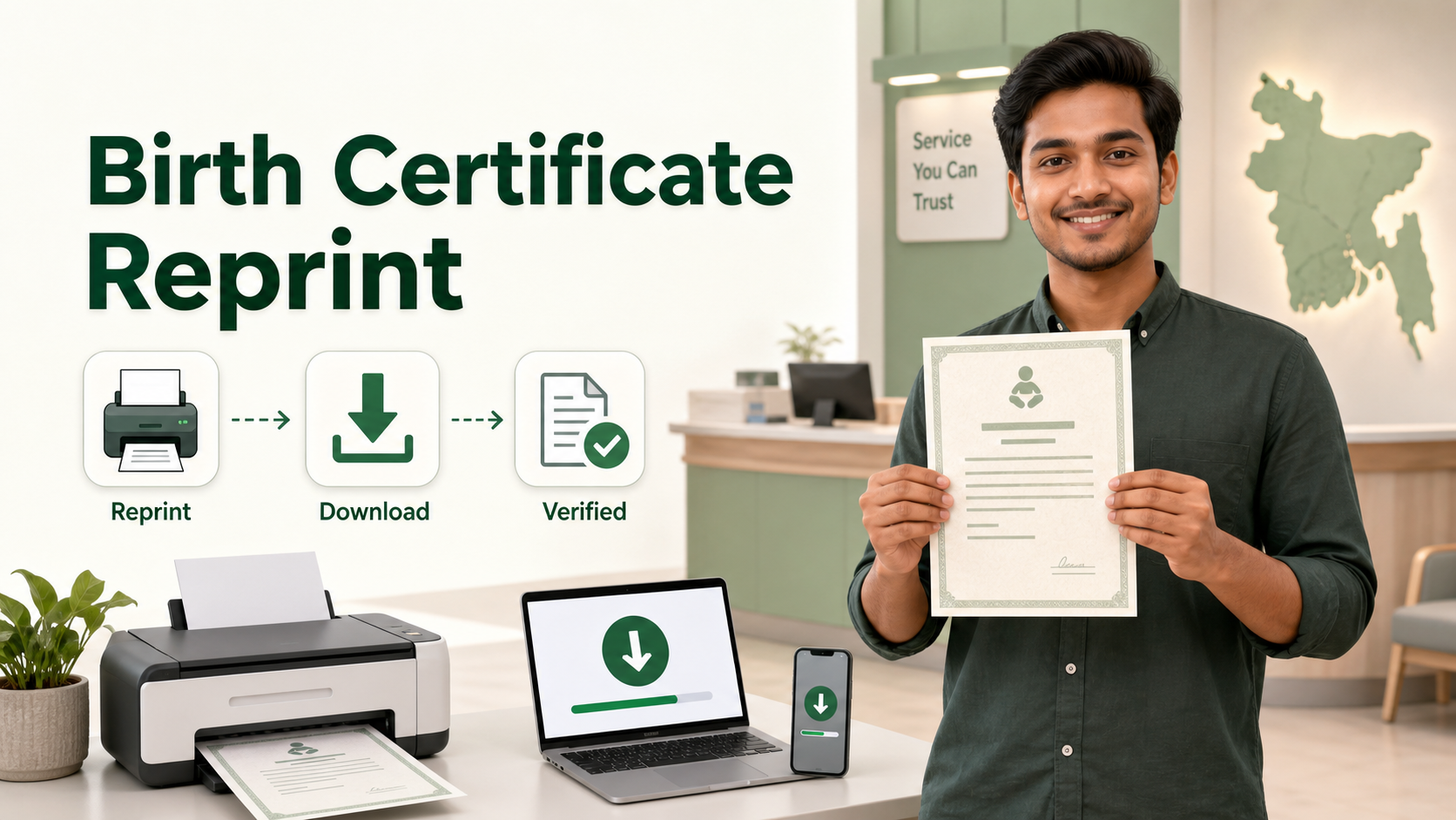 Birth Certificate Reprint এবং verified copy পাওয়ার ধাপের editorial illustration