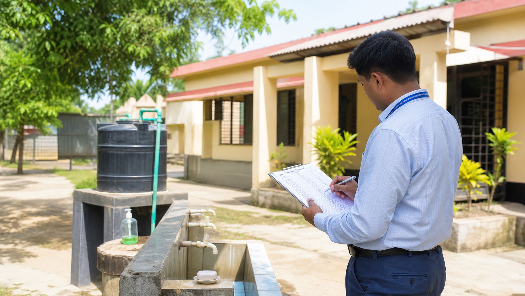 Editorial image of a Bangladesh public health inspector checking a community water and sanitation facility