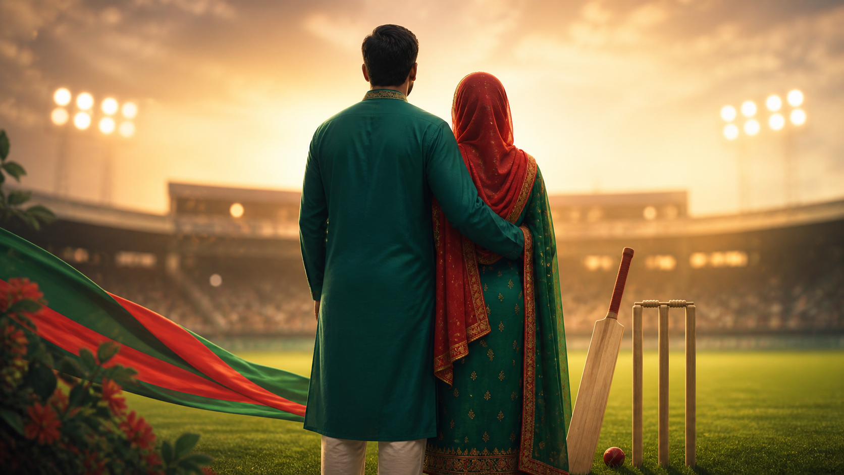 Editorial illustration representing Mushfiqur Rahim and wife Jannatul Kifayet Mondi's cricket family story